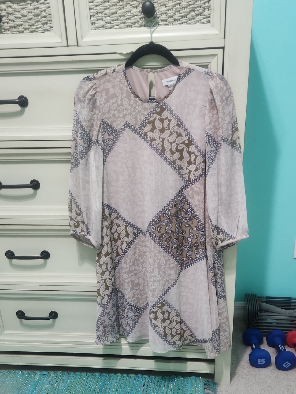 Calvin Klein Patchwork Paisley 3/4 Sleeves Dress in Mauve and Taupe